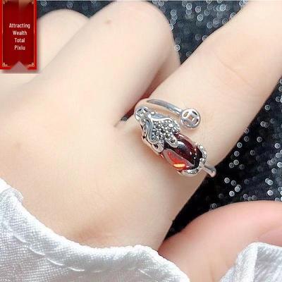 Yin Taifei Retro Thai Silver Garnet Pixiu Ring – Adjustable, Creative, Stylish Women's Accessory