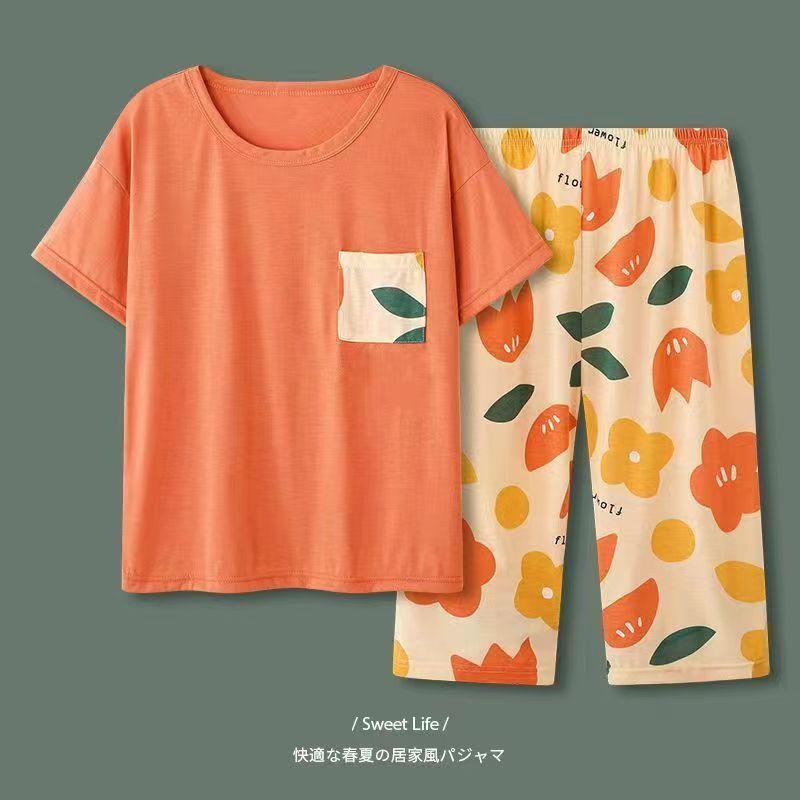 Pajamas Women's Summer, New Spring and Summer Short-sleeved Cute Loose Cropped Pants Loungewear Two-piece Set Summer