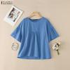 ZANZEA Damen Freizeit Rundhals Einfarbig Kurzarm Bluse