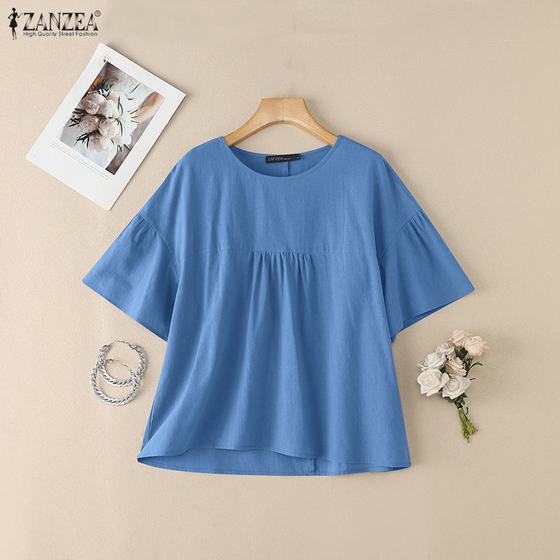 ZANZEA Damen Freizeit Rundhals Einfarbig Kurzarm Bluse
