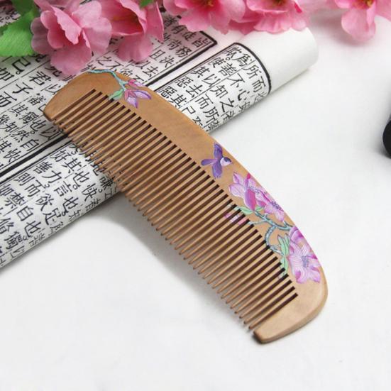 Painted Flower Peach Wood Healthy Scalp Comb Hair Massage Anti-Static Care Tool