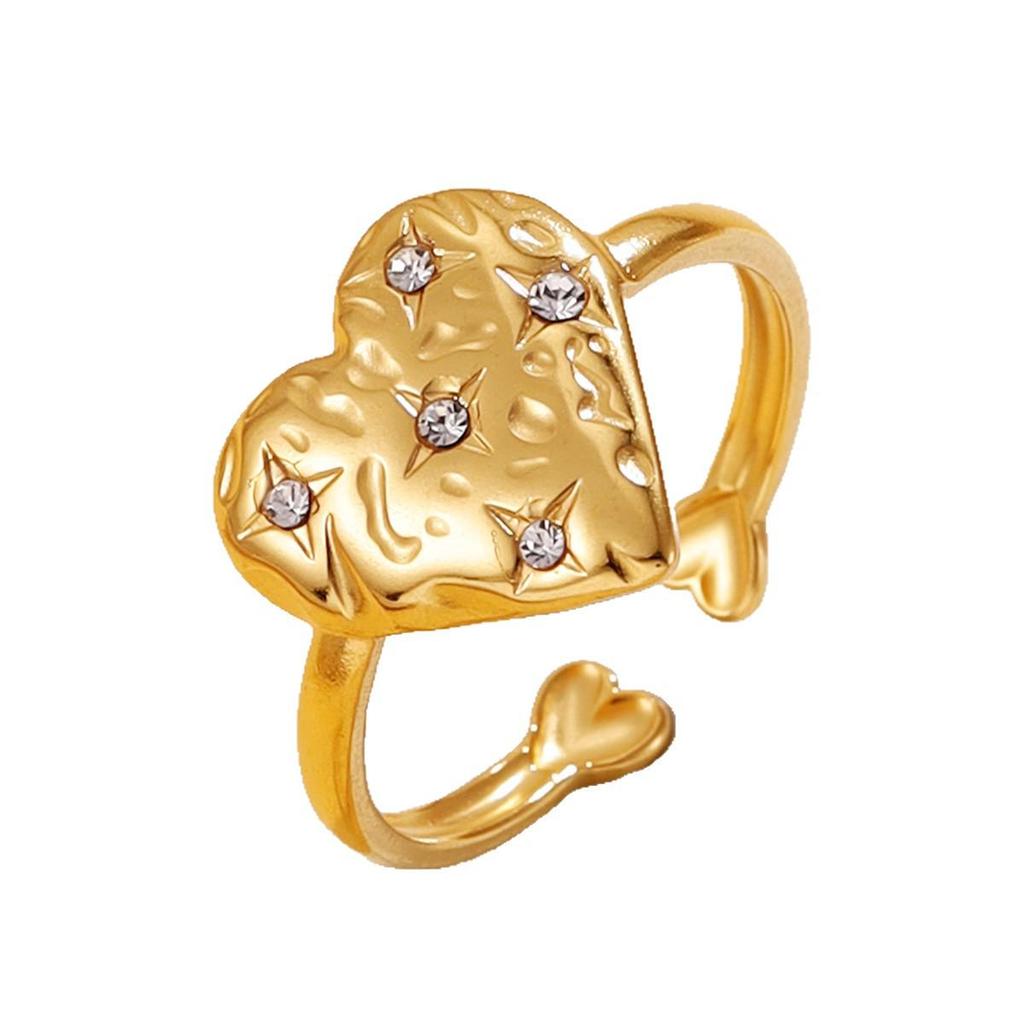 Stainless Steel Heart Ring with Rhinestone and Irregular Texture - Sweet Academy Style for Women