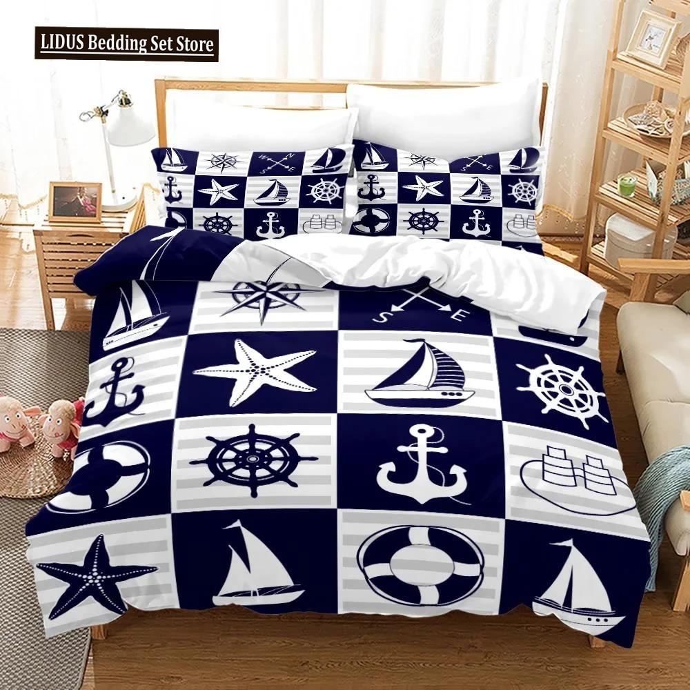 Nautical Bedding Set Ocean Anchor Duvet Cover Sailor Pirate Sea Adventure Bedspread For Kids Boys Navy Blue
