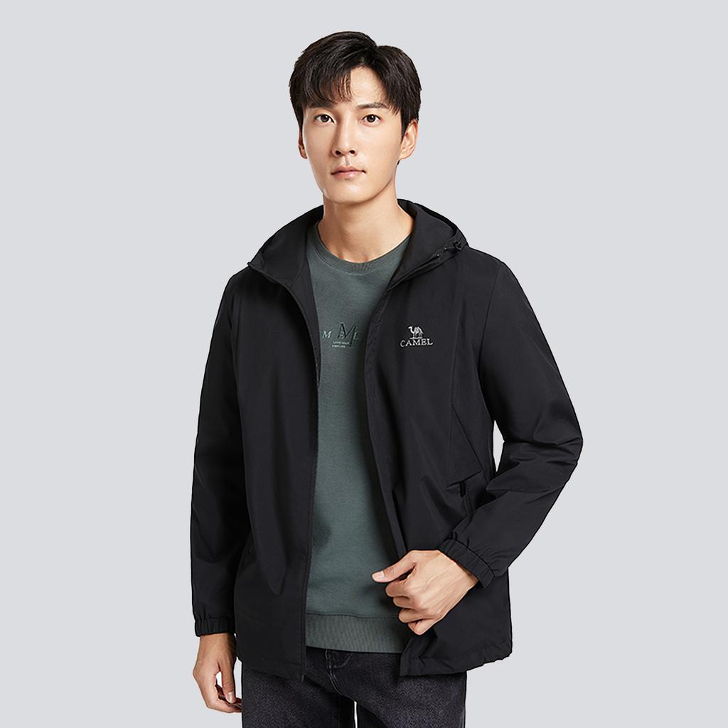 CAMEL Urban Techwear Collection Logo Printed Hooded Long Sleeved Outdoor Fleece Lined Jacket Men's Black MG12266118