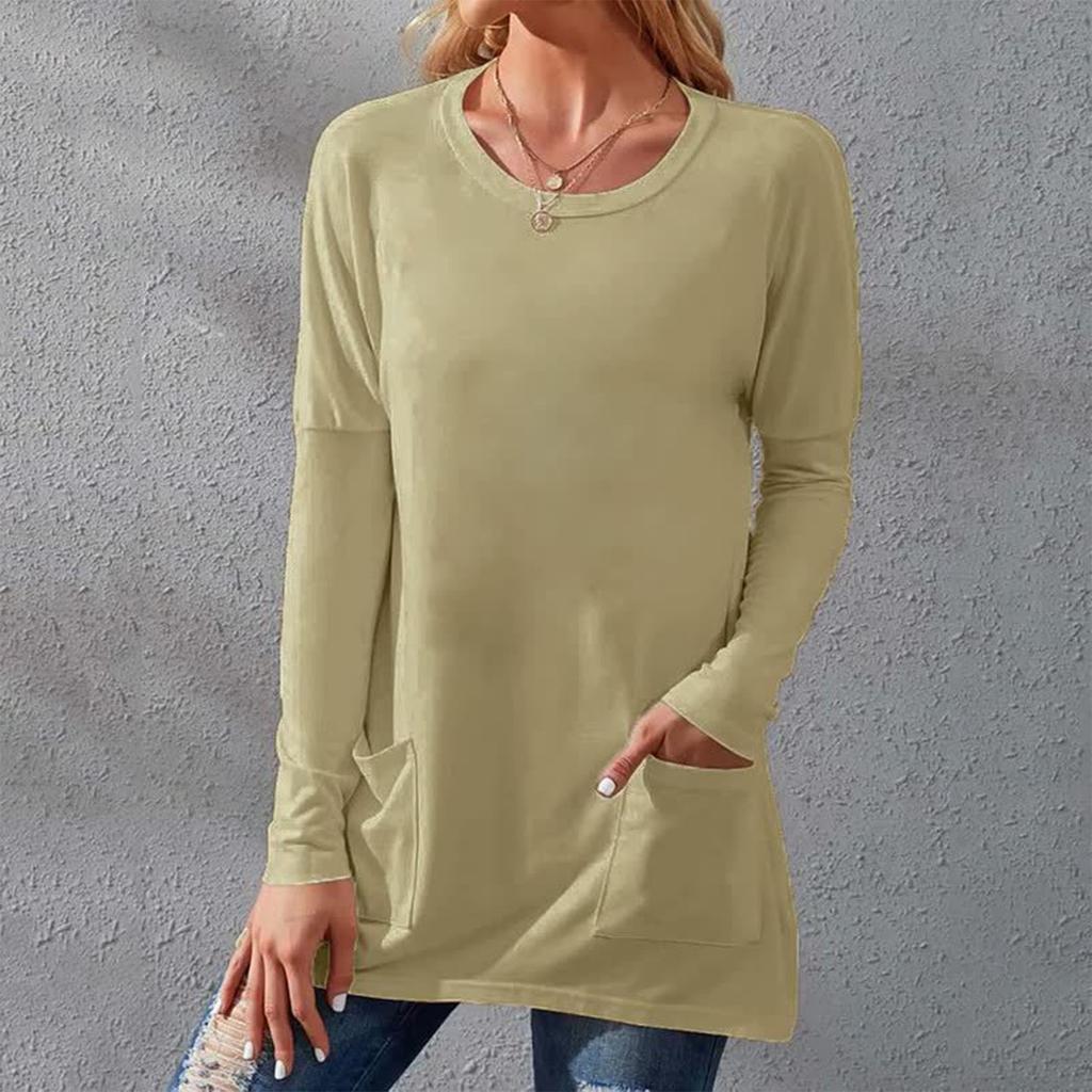Ladies Casual Fashion Color Loose Round Neck Long Sleeve T-Shirt With Pockets