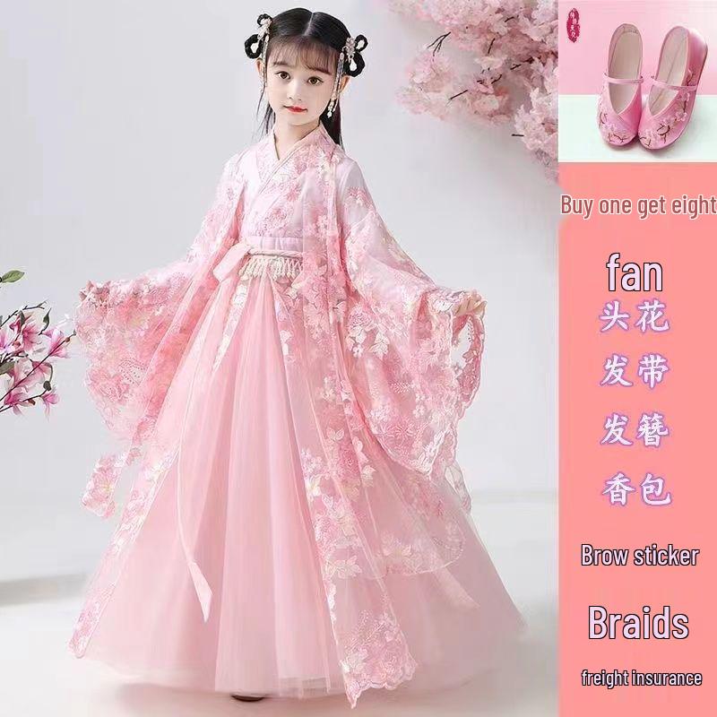 Hanfu Girls' Cherry Blossom Ruqun Dress - Long Sleeve Ancient Chinese Style for Spring & Autumn