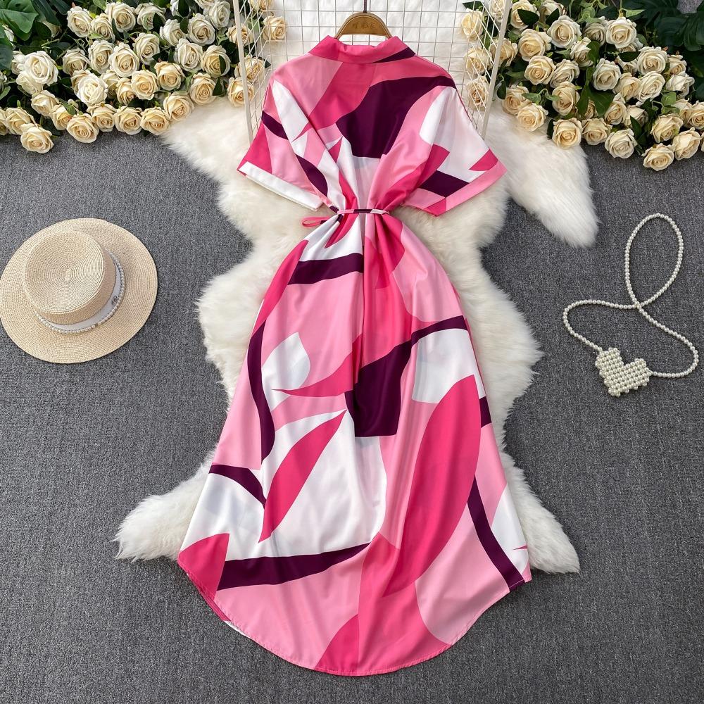 Women's Polo Neck Short Sleeve Geometric Print Maxi Shirt Dress High Waist Casual Dress