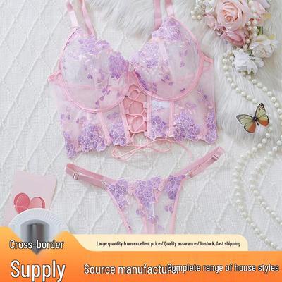 European & American Floral Lace Strappy Lingerie Set - Pink & Purple Push-Up Mesh