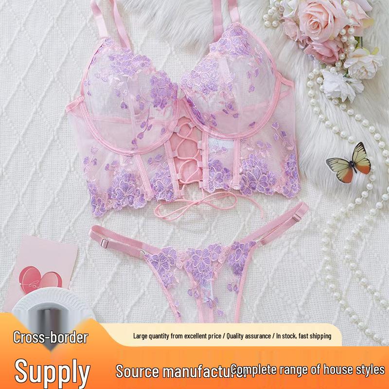European & American Floral Lace Strappy Lingerie Set - Pink & Purple Push-Up Mesh