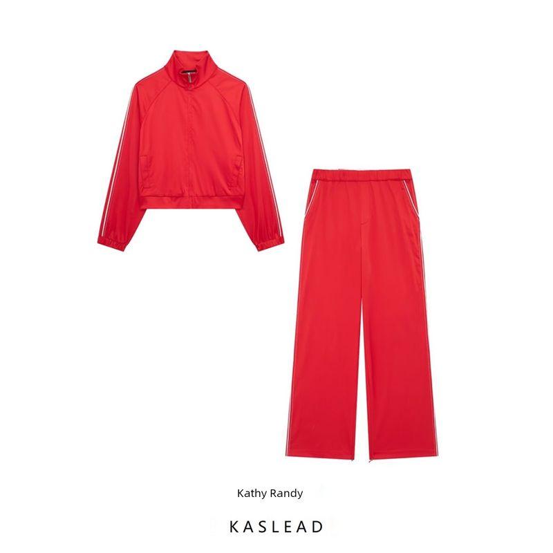 Kaslead New Arrival Women's Clothing Fashion Style Contrast Color Silk Satin Jacket Outwear Pants 2010730 7385418