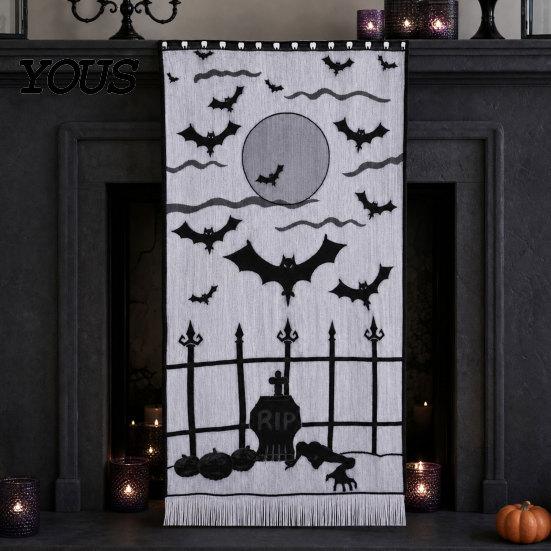 Gotische Halloween Tischdecken Türvorhang, Spitze Spinnennetz Kaminabdeckung, Gruseliges Skelett Hexe Komplette Dekoration Fledermausdruck Fenster Vorhänge für Zuhause