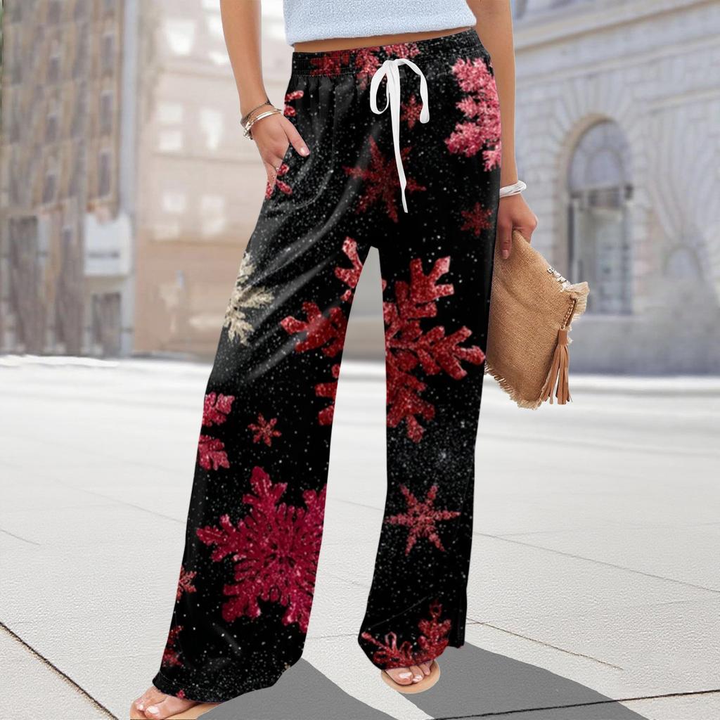 Ladies' Loose And Casual Christmas Printed Wide Leg Pants With Elastic Waistband Drawstring And Pocket Pants