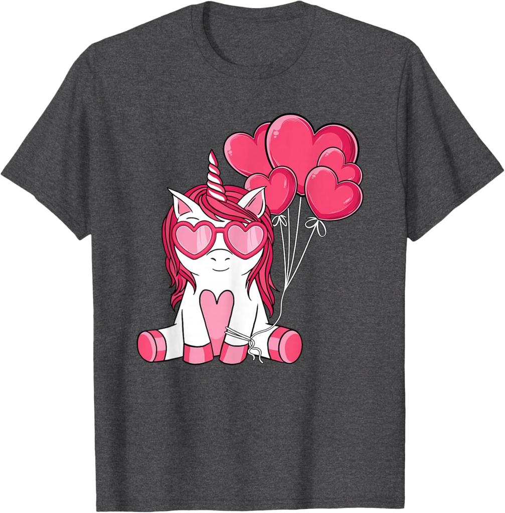 T-shirt Graphique Licorne Mignonne Avec des Ballons en Forme de Cœur Saint-Valentin Respirant Décontracté Manches Courtes pour Filles Enfants