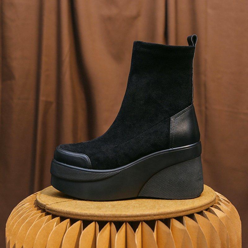 Dámské boty, podzimní a zimní, krátké, na platformě, chelsea boty, elegantní, černé, za nízkou cenu