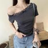Small Sexy Pure Lace Slash Shoulder Short Sleeve T-Shirt Women's Summer Spice Girl Slim Off-Shoulder Bottom Top Women's T