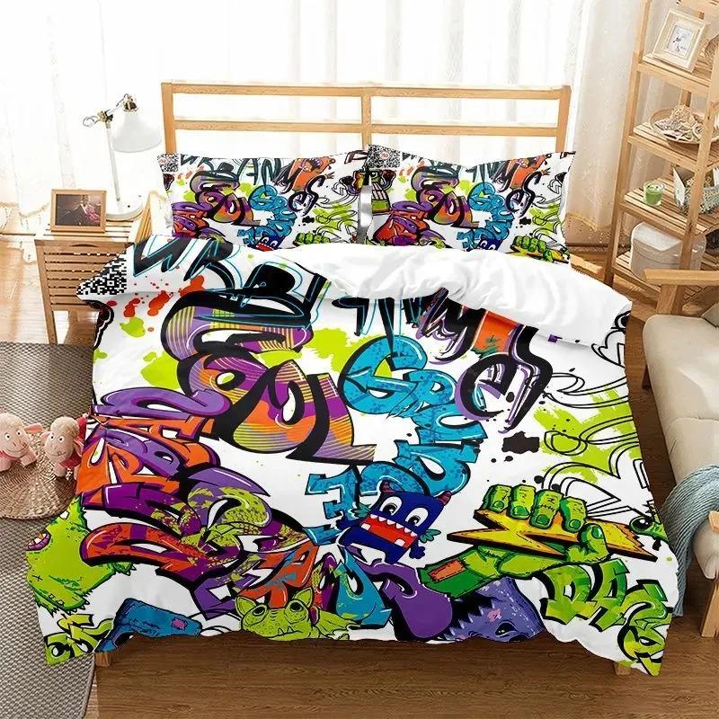 Hippie Graffiti Duvet Cover Set King Queen Size for Boys Youth Polyester Comforter Cover Modern Street Art Bedspread Cover