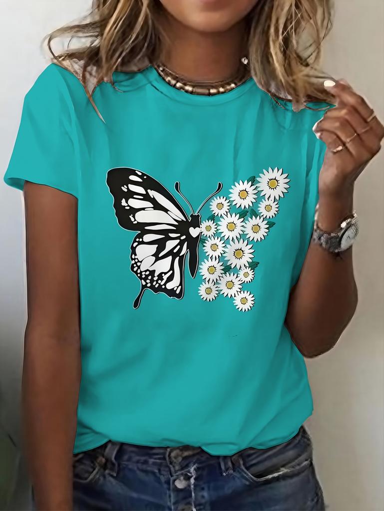 New Butterfly Print T-Shirt Women Printed European Style Short Sleeve Round Neck Tops Oversized T Shirt Summer Women Clothing