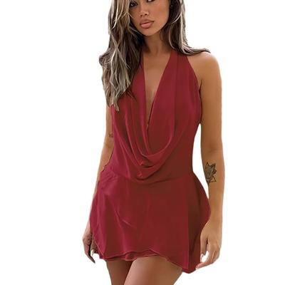 Nowe Seksowne Letnie Krótkie Sukienki z Dekoltem na Szyję Modne Damskie Jednolite Bez Rękawów Niski Dekolt Luźne Mini Sukienka z Dekoltem V Casualowa Dopasowana Streetwear Damska Sukienka