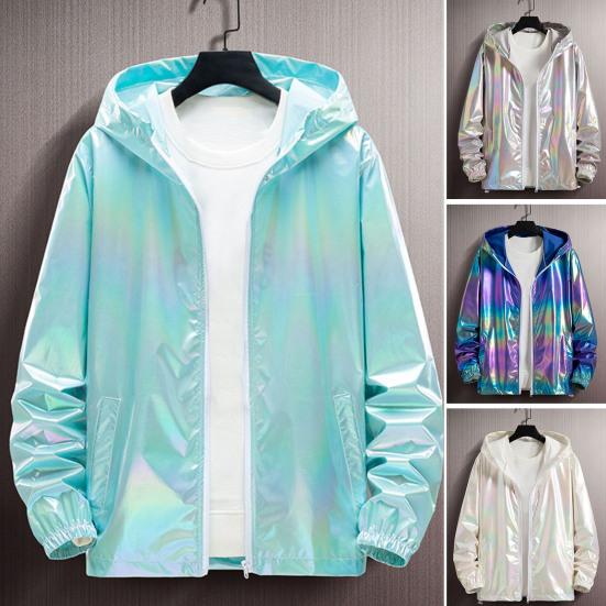 Men Windbreaker Jacket Gradient Colorful Ultra Thin Long Sleeve Elastic Cuff Coat Hooded Sun Protection Jacket Sunscreen Clothing