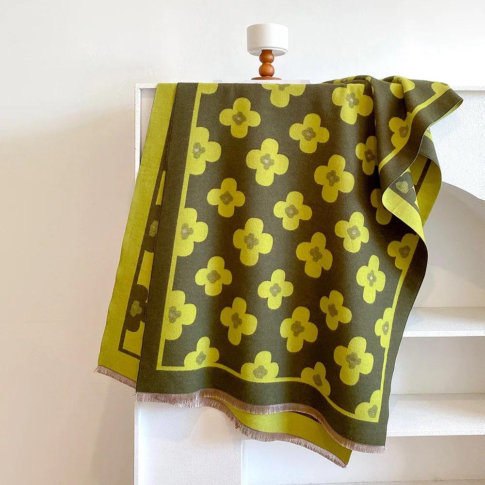 Winter Women's Scarf Luxury Design Double sided Cashmere Feel   Flower Warm Scarf Shawl Women's scarf winter