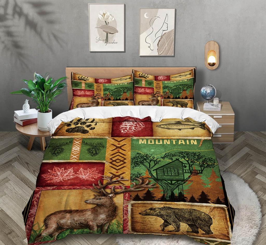 Country Farmhouse Påslakan Queen King Size Djur Vilda Djur Stuga Sängkläder Set Nostalgisk Rumsdekor 3 Delar Med 2 Örngott