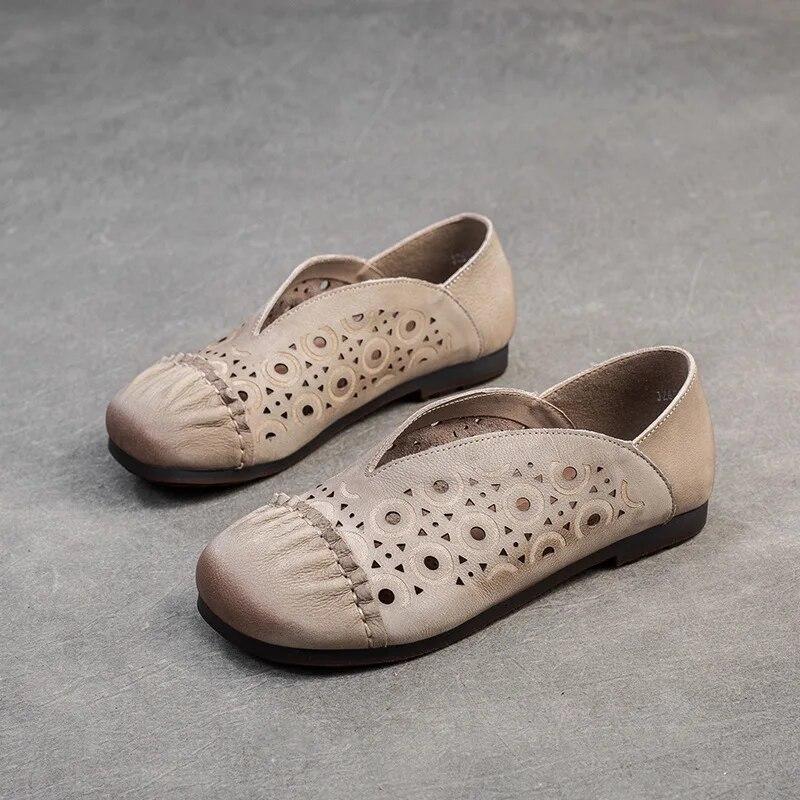 Johnature Retro-Echtleder, ausgehöhlt, atmungsaktiv, flache Schuhe, runde Zehen, lässige Damen-Slip-on-Schuhe
