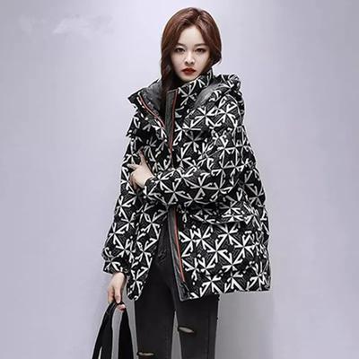 Winter Women's Mid Length Long Loose Fit Jacket Printed Down Cotton Jacket Standing Collar Hooded Winter Clothing