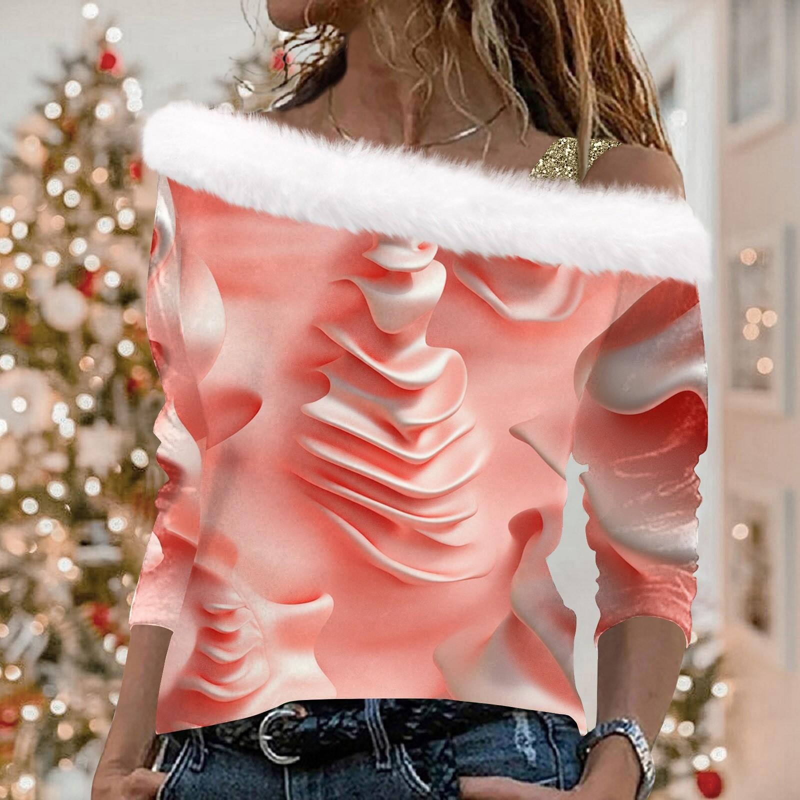 

Жіночий пуловер з твілу з довгим рукавом і різдвяним принтом, топ з коміром S