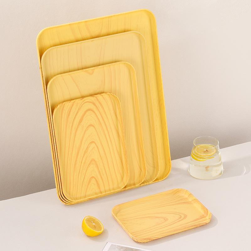 Wood Grain Plastic Food Serving Tray Stackable Dessert Fruit Tray Tea Tray Large Capacity Storage Tray Kitchen Stoage Organizer