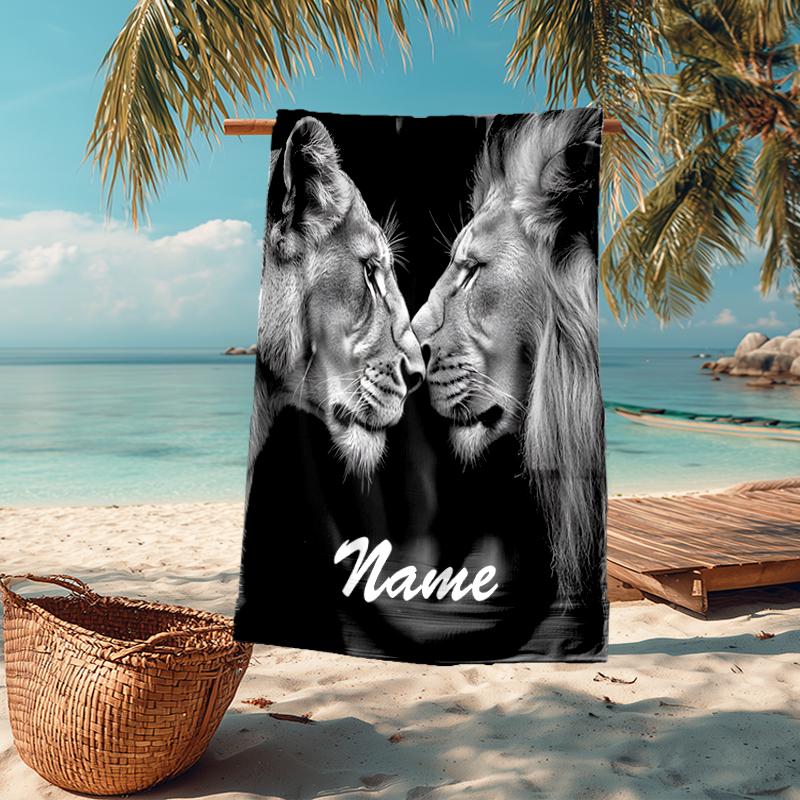 Custom Name Ultra-Soft Beach Towel with Lion Theme,Ideal for Pool - Camping, Diving - Perfect Travel Essential, Vibrant Beach Towel.