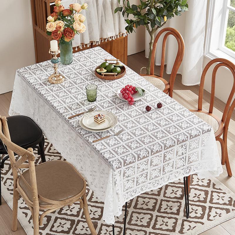 French Romantic Retro Palace Style White Lace Embroidery Rectangular Tablecloth for Tea Table and Dining Table with Dust Cover