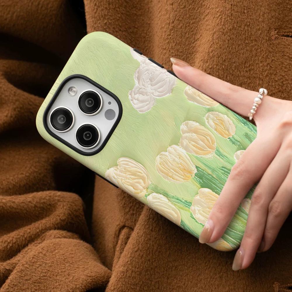 Retro Oil Painting Flowers Phone Case For IPhone 16 15 14 13 12 11 Pro Max Plus Samsung S24 S23 Ultra Glossy HD Hard PC Cover