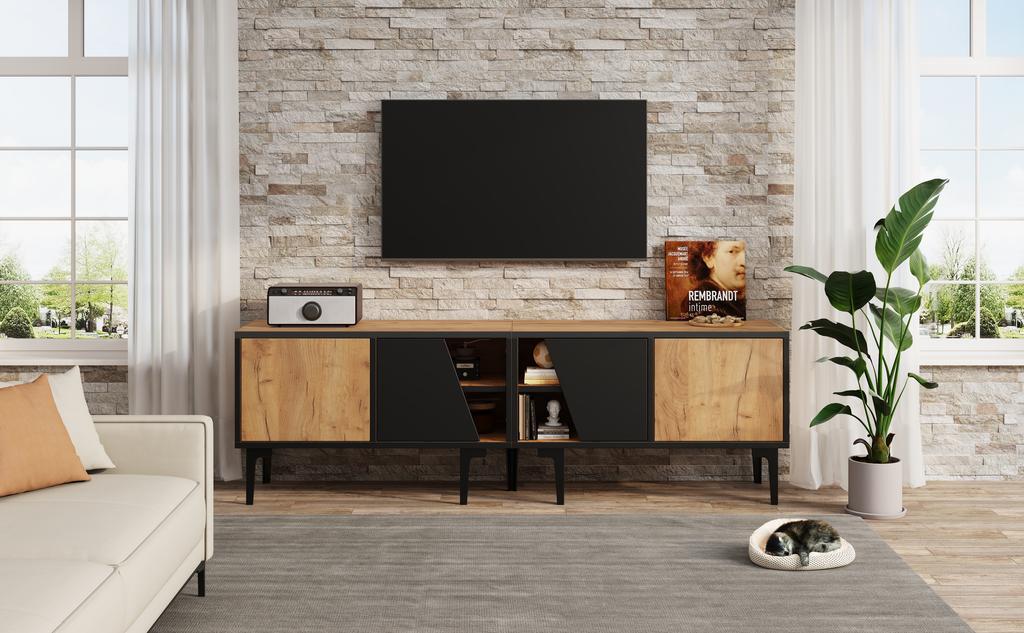 160 x 36.5 x 45 cm TV Cabinet Living Room with 4 Compartments, 7 Legs, in Modern Minimalist Design, Suitable for 65-Inch TVs, Natural Wood Color