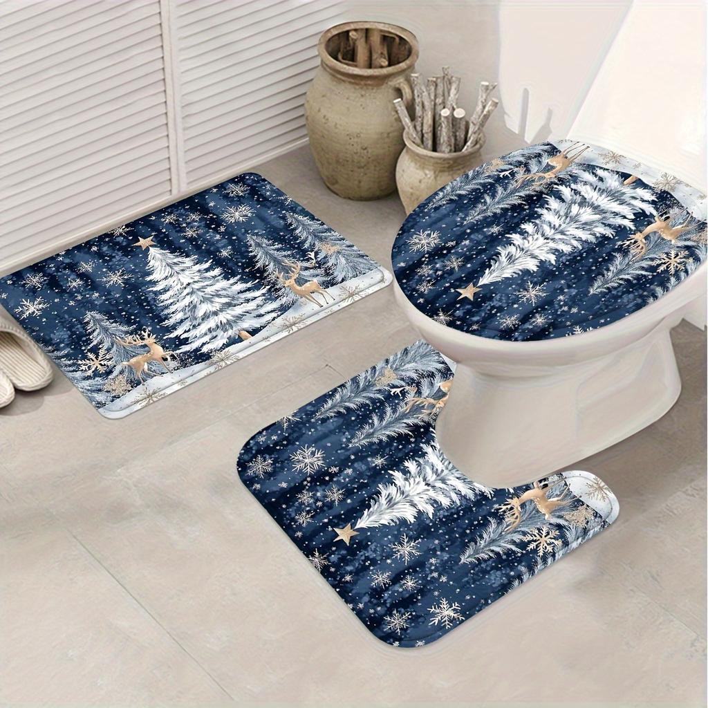 4Pcs Bathroom Shower Curtain Set Elk Christmas Tree Print Bathroom Curtain With 12 Hooks Non Slip Rugs Toilet Cover Mat Bathroom Partition