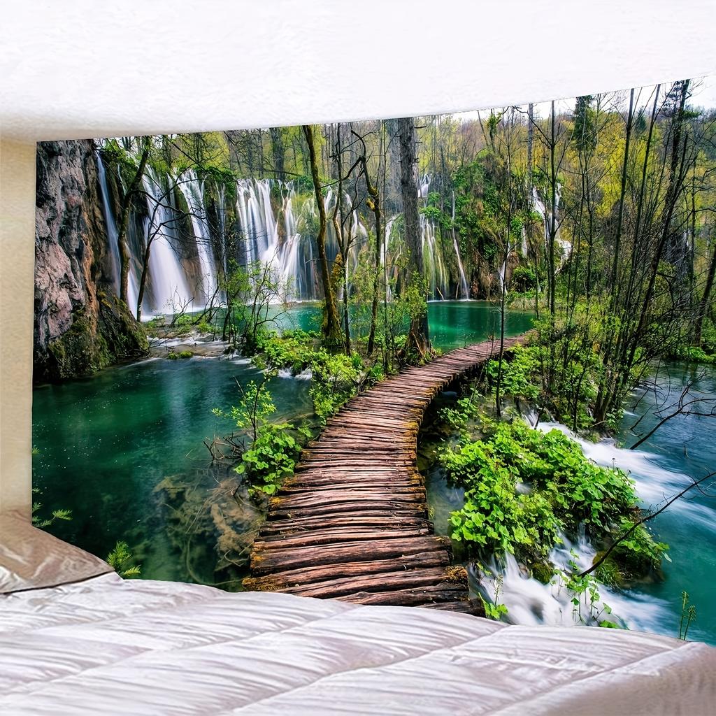 Beautiful Green Nature Tapestry Rainforest Waterfall Landscape with Wooden Bridge Scene - Perfect for Bedroom, Holiday Gift, and Birthday Gift