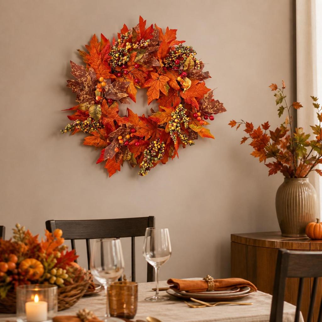 Door Wreath with Maple Leaves and Berries Artificial Fall Plump for Porch