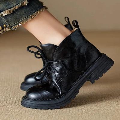 Mode Retro Schnürung Blockabsatz Plateau Stiefeletten Damen 2025 Winter Schwarz Weiches Leder PU Warm Rutschfeste Dicke Unterseite Ritterstiefel