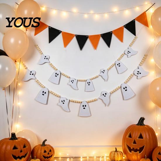 Ghost Halloween Garland 2 Pcs 7.5FT Garland, Felt Pumpkin Bat Skull with Banner Decoration Wood Beads, Party Hanging for Fireplace Doorway Indoor