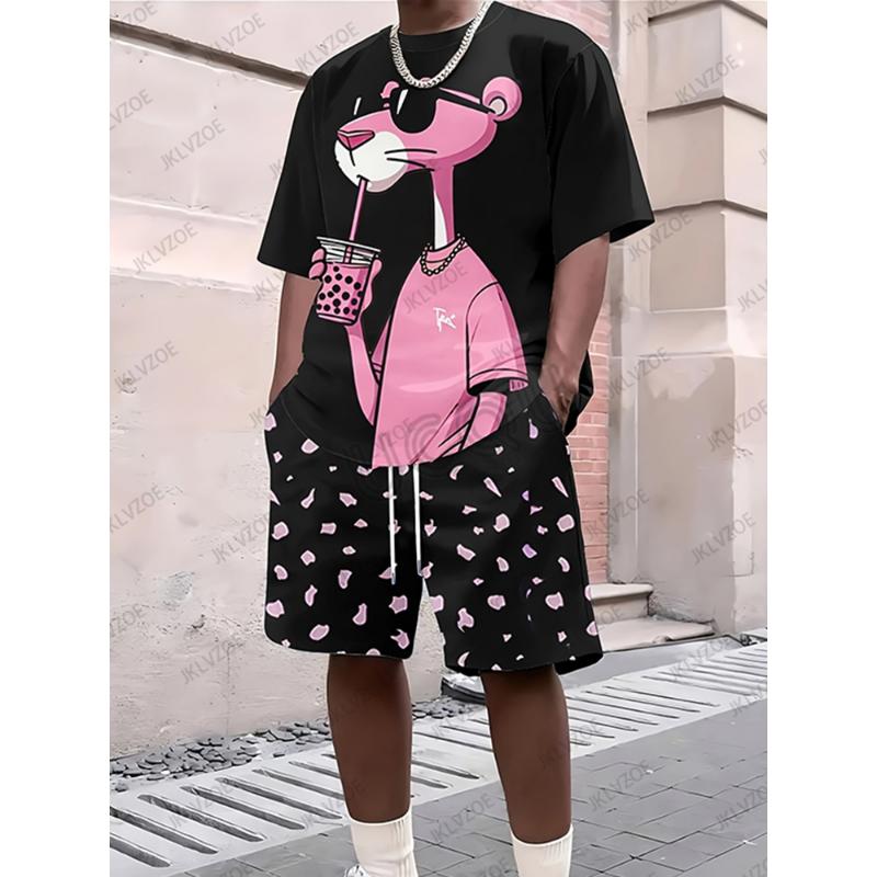 

2025 Новый мужской спортивный костюм, комплект из 2 предметов, футболка с коротким рукавом Pink Panther, повседневный костюм, спортивная одежда, шорты, мужская одежда 6XL