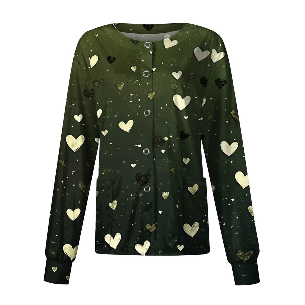 Women's Casual Fashion Long Sleeve Standing Collar Single Breasted Valentine's Day Print Workwear Jacket Tops