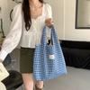 Korean Refreshing Lake Blue Shopping Bags Fashion Plaid Handheld Shoulder Bag Student Class Cloth Bag