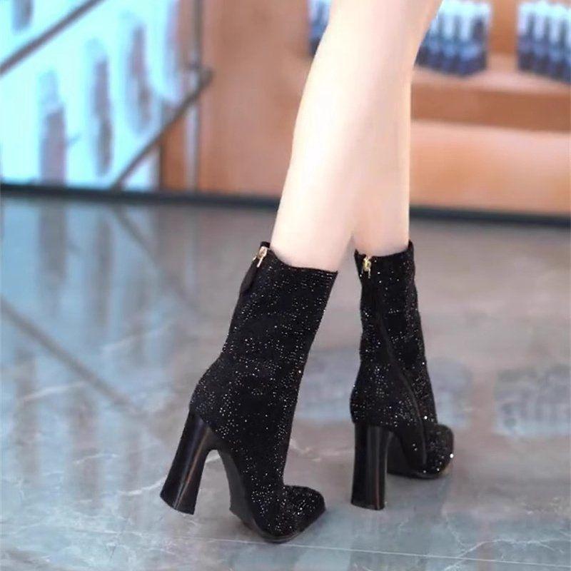 Korean version of elegant rhinestone short high-heeled boots Martin boots 2025 autumn and winter pointed oblique zipper thick heel full diamond