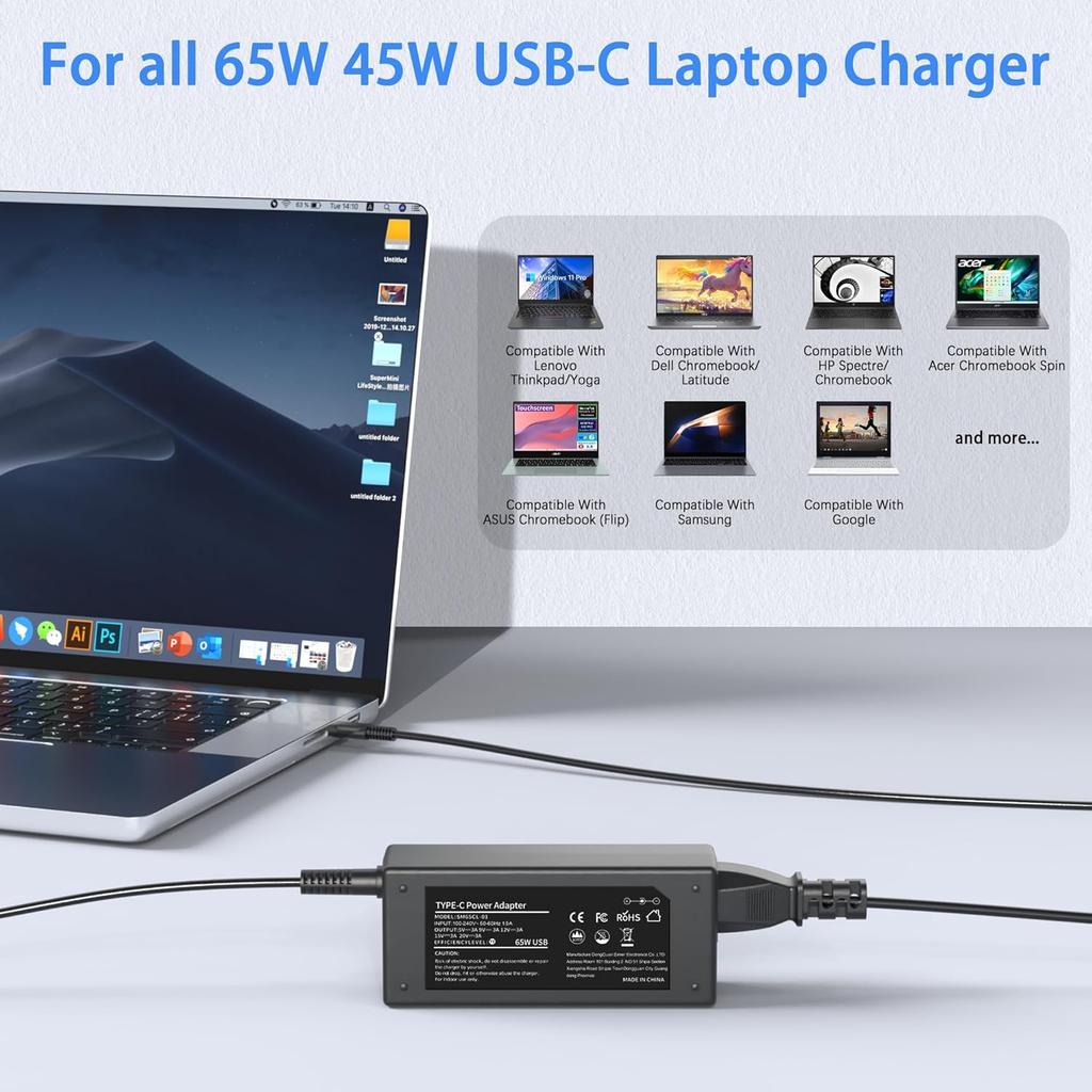 45W 65W UBS C Laptop Charger Compatible with HP Chromebook Laptop Computer Type C Power Adapter