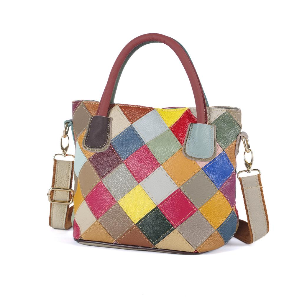 Multicolor Plaid Crossbody Bag for Women Random Contrasting Color Genuine Leather Casual One Shoulder Bag