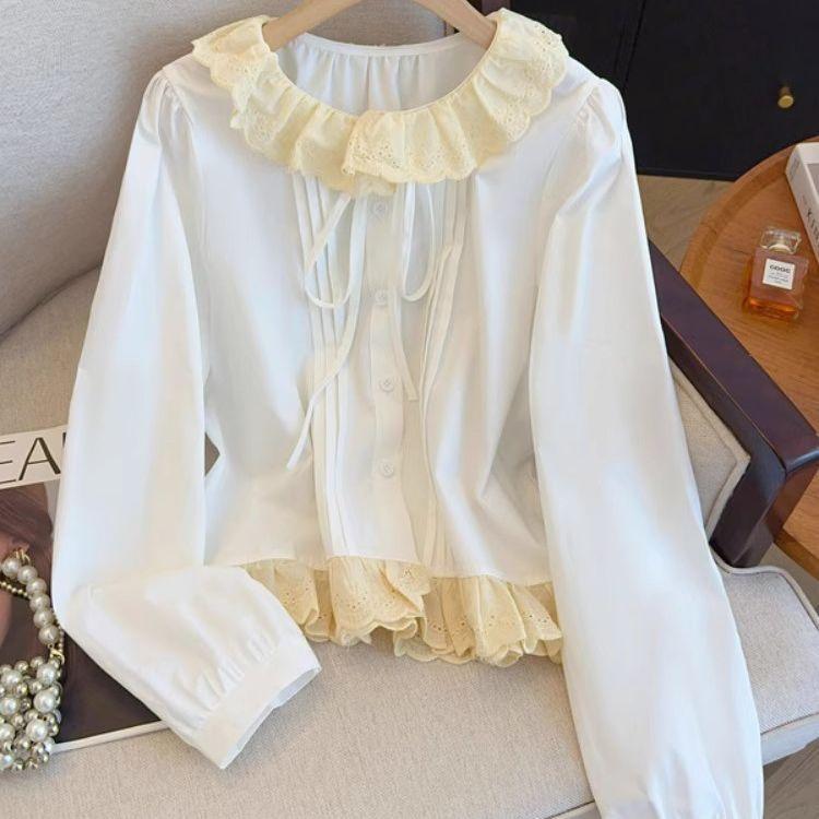 

Корейский шик осенняя рубашка со шнуровкой и плиссировкой, свободная блузка для женщин XL белый