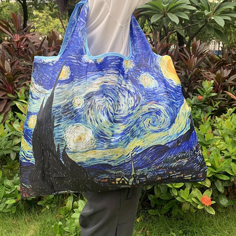 Faltbare quadratische Umhängetasche mit Ölgemälde-Print - Mehrfarbige Einkaufstasche