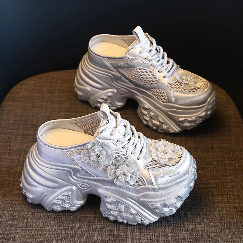 

9CM Air Mesh Genuine Leather Chunky Sneaker Fashion Spring Summer Ankle Boots Hook High Brand Comfy Booties Flower Shoes Women 39