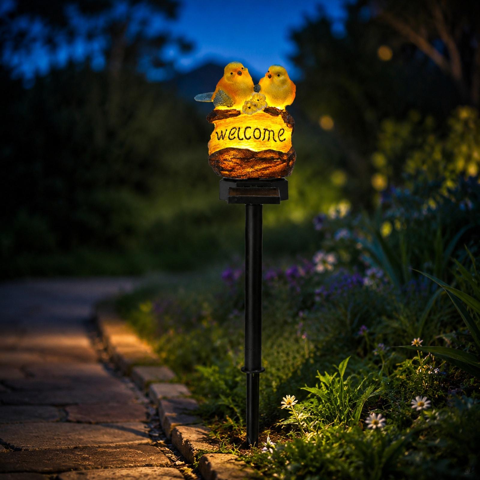 

Solar Powered Outdoor Garden Light with Two Bird Figurines on Welcome Sign Stake Decorative Yard Lamp for Pathway Lawn one size жёлтый