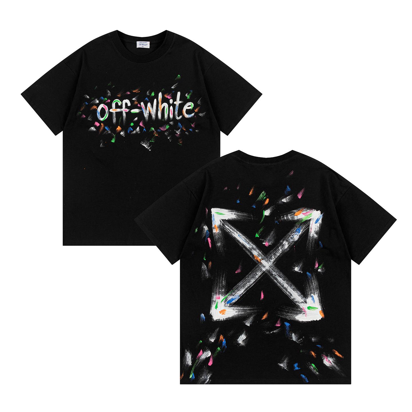 

9068 Off-White 2025 Spring/Summer New Colorful Letter Arrow Pattern Round Neck Hooded Short Sleeved Men s and Women s T-shirts XL чорний