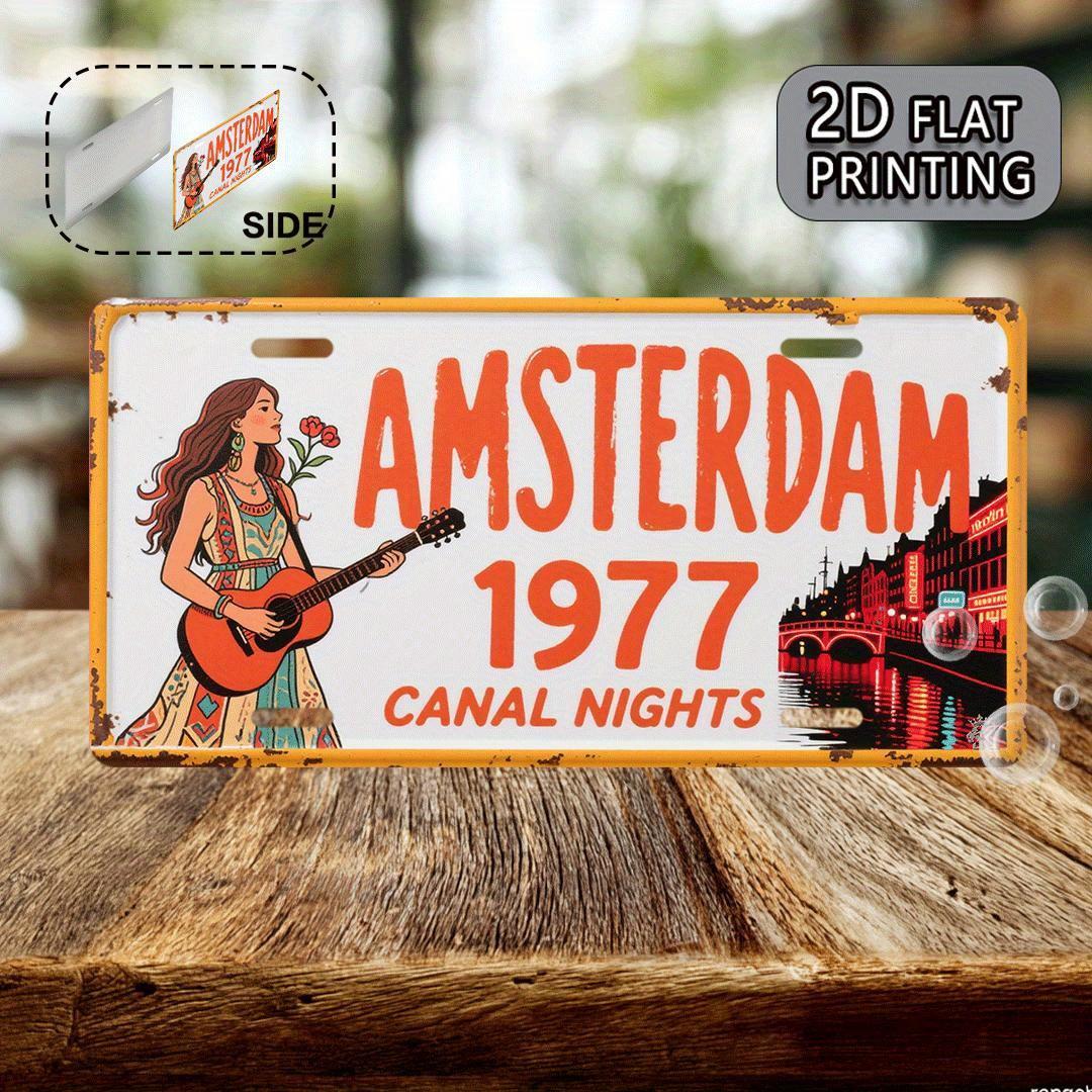 

D Flat pc Amsterdam Vintage Metal Aluminum Sign xcm Wall Art with Red Lighted Bridge Guitarist Design 15x30cm(5.9x7.8inch)